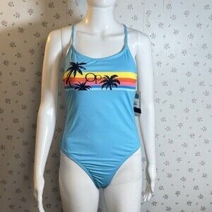 RARE OP Ocean Pacific Blue Sunset Palm Trees One Piece Women’s Swimsuit Size Med